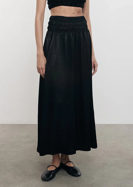 Textured Satin Smocked Skirt in Black