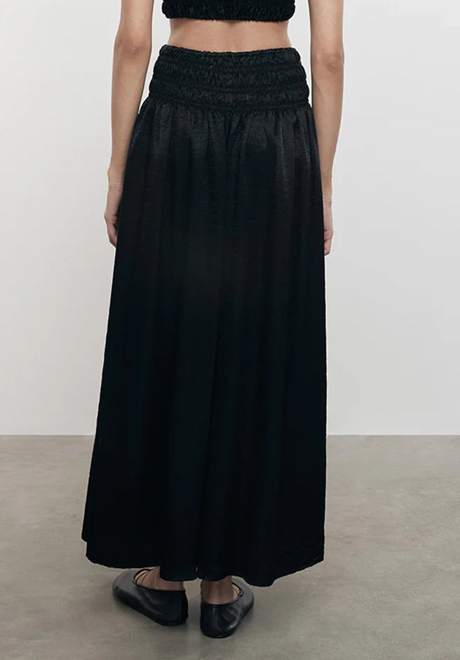 Textured Satin Smocked Skirt in Black