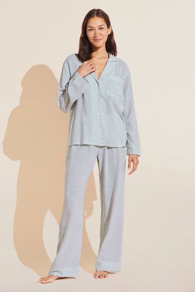 NAUTICO Woven Long PJ Set in White/Forest Green