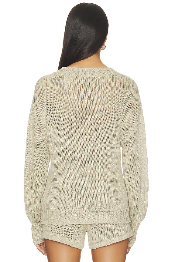 Linen Open Knit Crew Sweater in Oatmeal