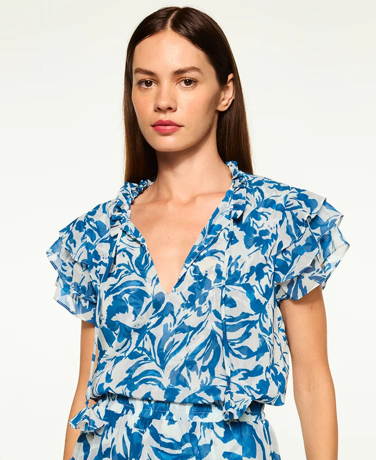 MARIA Short Sleeve Ruffle Blouse in Blue Watercolor