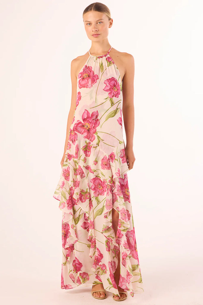 NOVAH Ruffle Maxi Chiffon Dress in Fuchsia Blooms