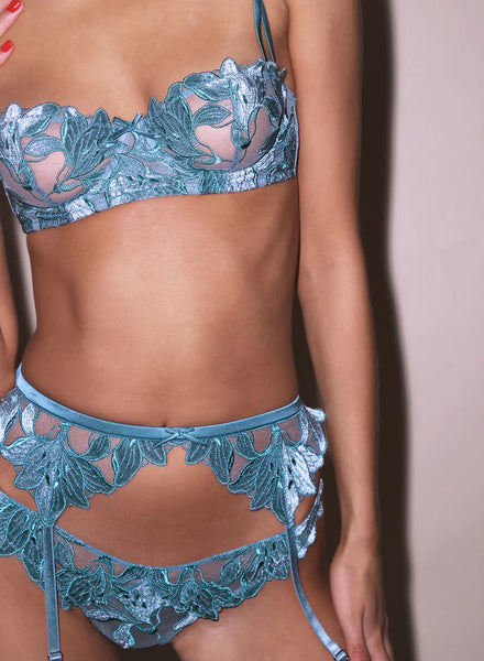 LILY Fuller Cup Silk Velvet Embroidery Balconette Bra in Icy Teal