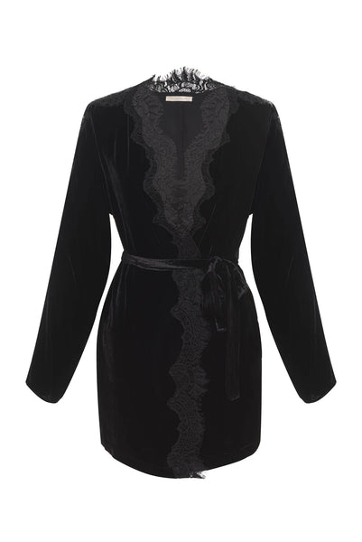 Silk Velvet & Lace Robe in Black
