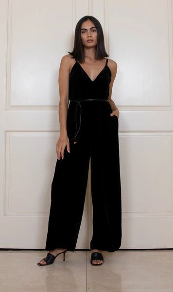 Silk Velvet Cami Jumpsuit in Black