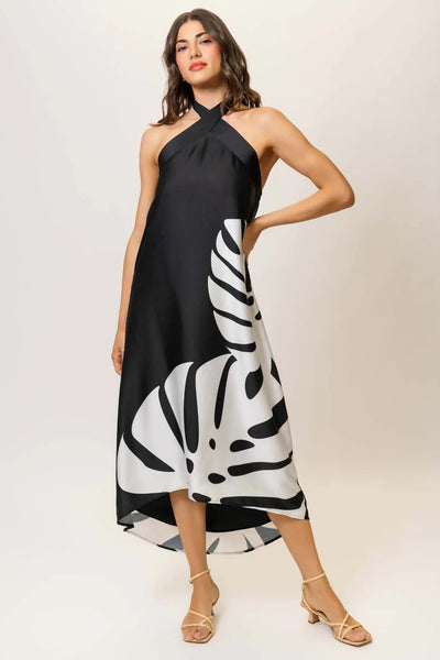 KAROLINE Halter Dress in Plack Monstera