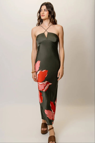 ZENNIA Dress in Olive Coral Sketched Iris