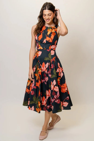 APRIL Sleeveless Dress in Navy Multi Sketched Iris