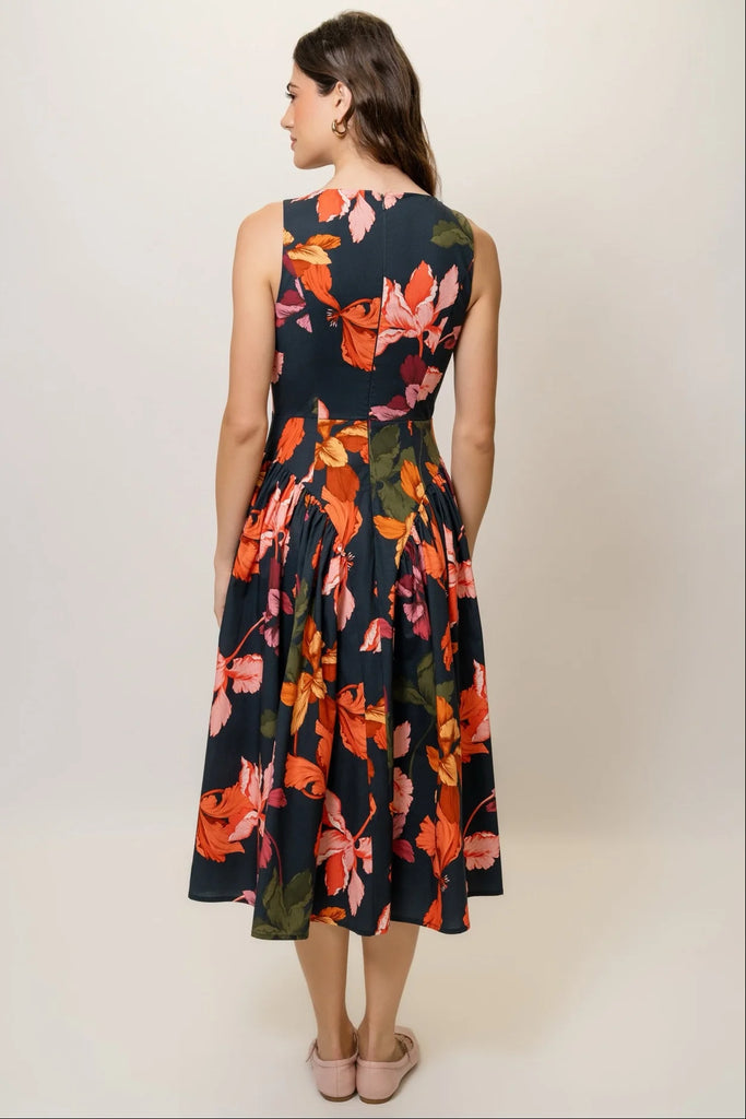 APRIL Sleeveless Dress in Navy Multi Sketched Iris