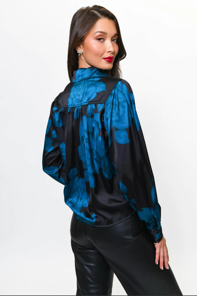 KODIE Satin Long Sleeve Blouse in Black Sketched Spacious Floral