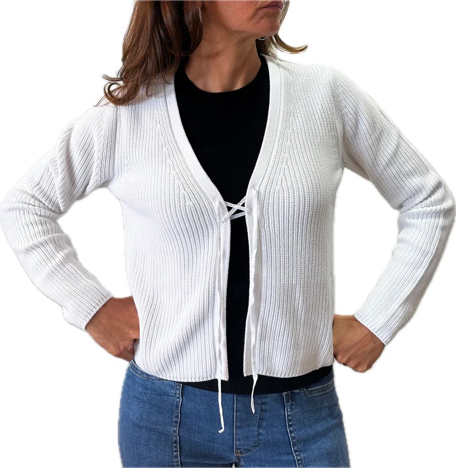 Cotton Shaker Stitch Tie-Front Cardigan in White