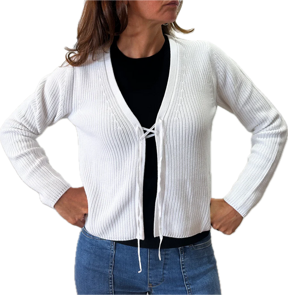 Cotton Shaker Stitch Tie-Front Cardigan in White