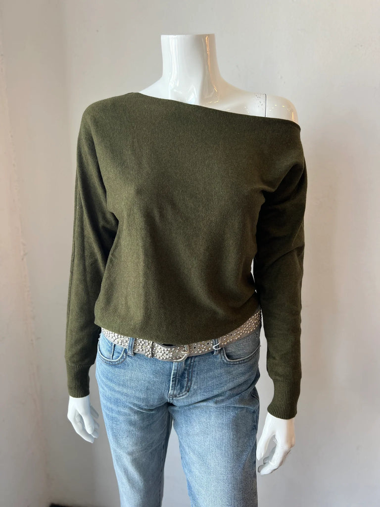 Cashmere/Cotton Off The Shoulder Sweater in Army