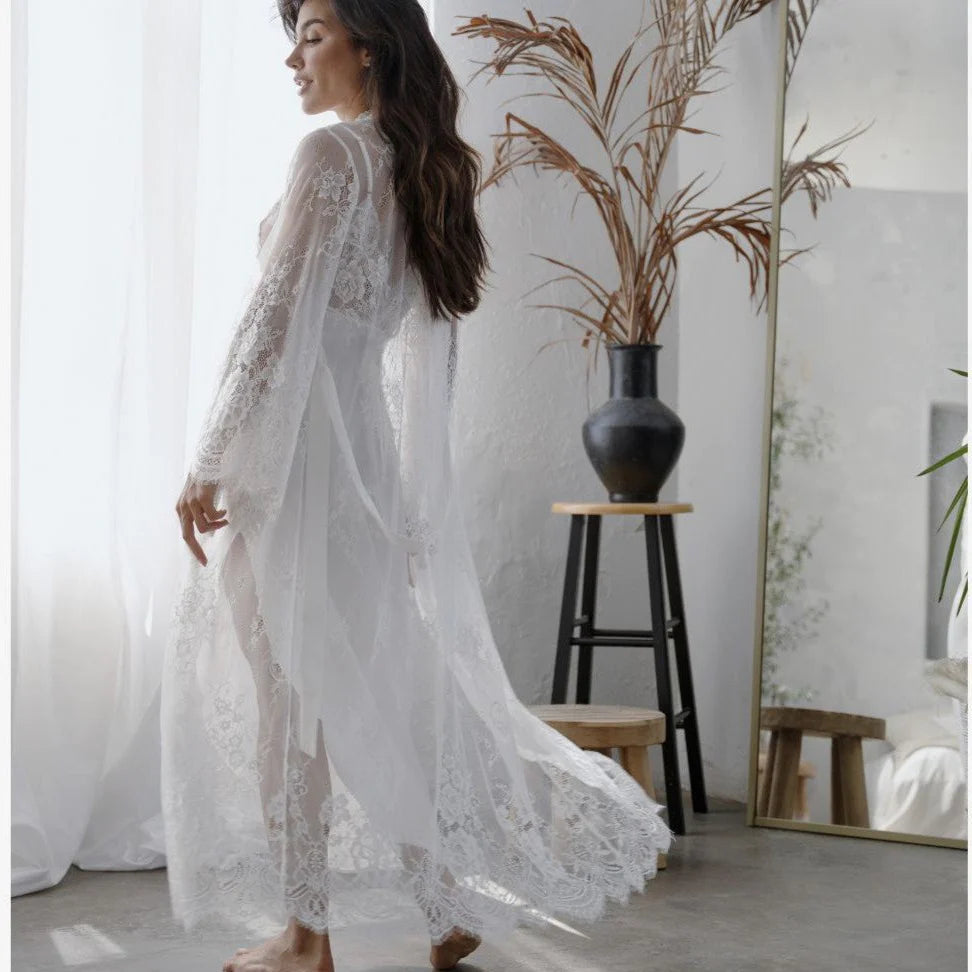 MARRY ME Long Lace Robe in Ivory