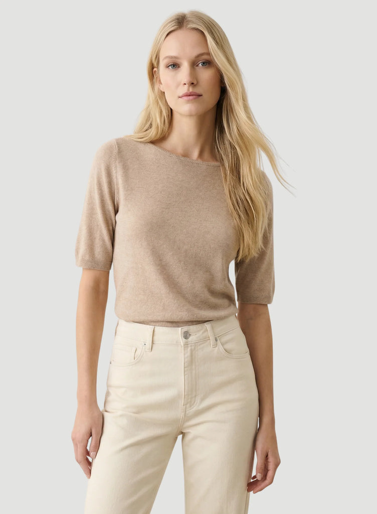 Linen Knit Elbow Sleeve Sweater in Cream