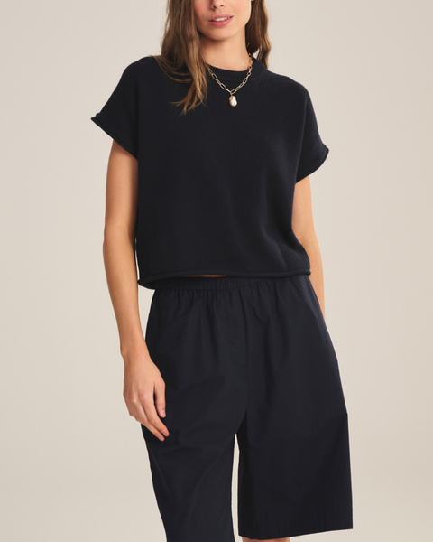 KEENY Cotton/Cashmere Cap Sleeve Top in Navy