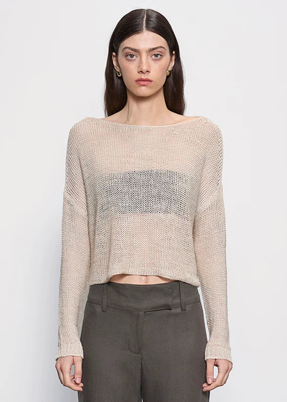 Linen Open Knit Bateau Sweater in Pearl Grey