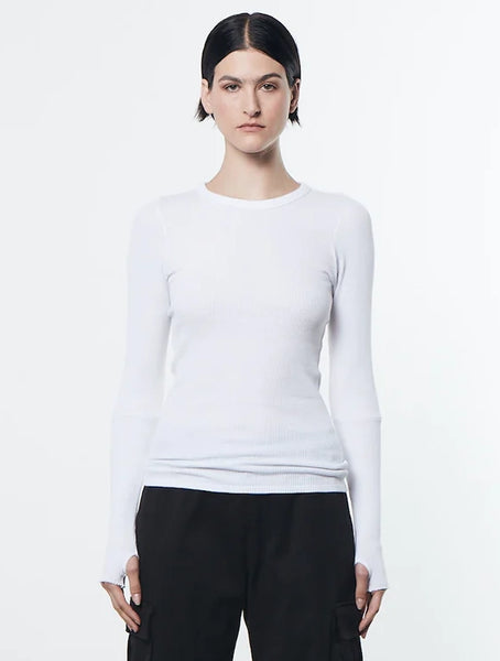 Cotton Thermal Cuffed Long Sleeve Crew in White