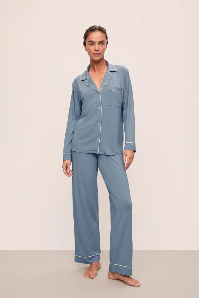 GISELE Long PJ Set in Faded Denim/Ivory