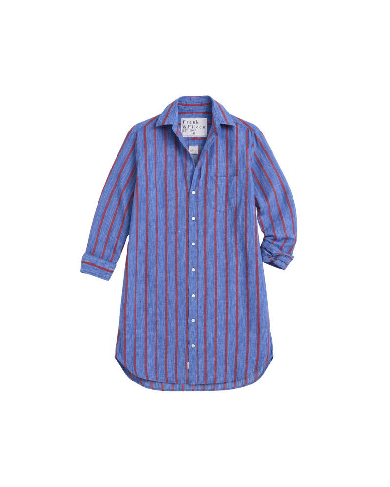 MARY Linen Shirt Dress in Blue & Red Textured Stripe