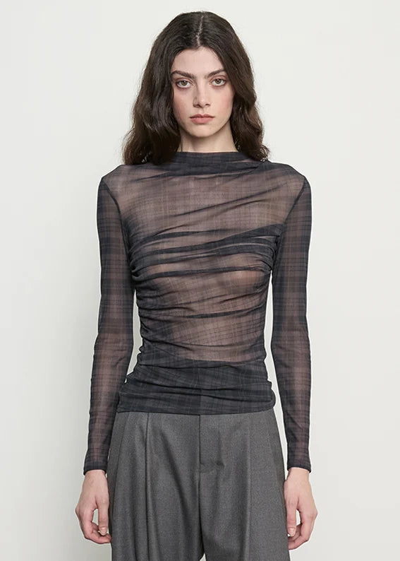 Mesh Long Sleeve Twist Top in Shadow Plaid