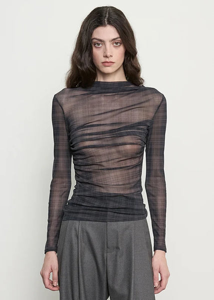 Mesh Long Sleeve Twist Top in Shadow Plaid