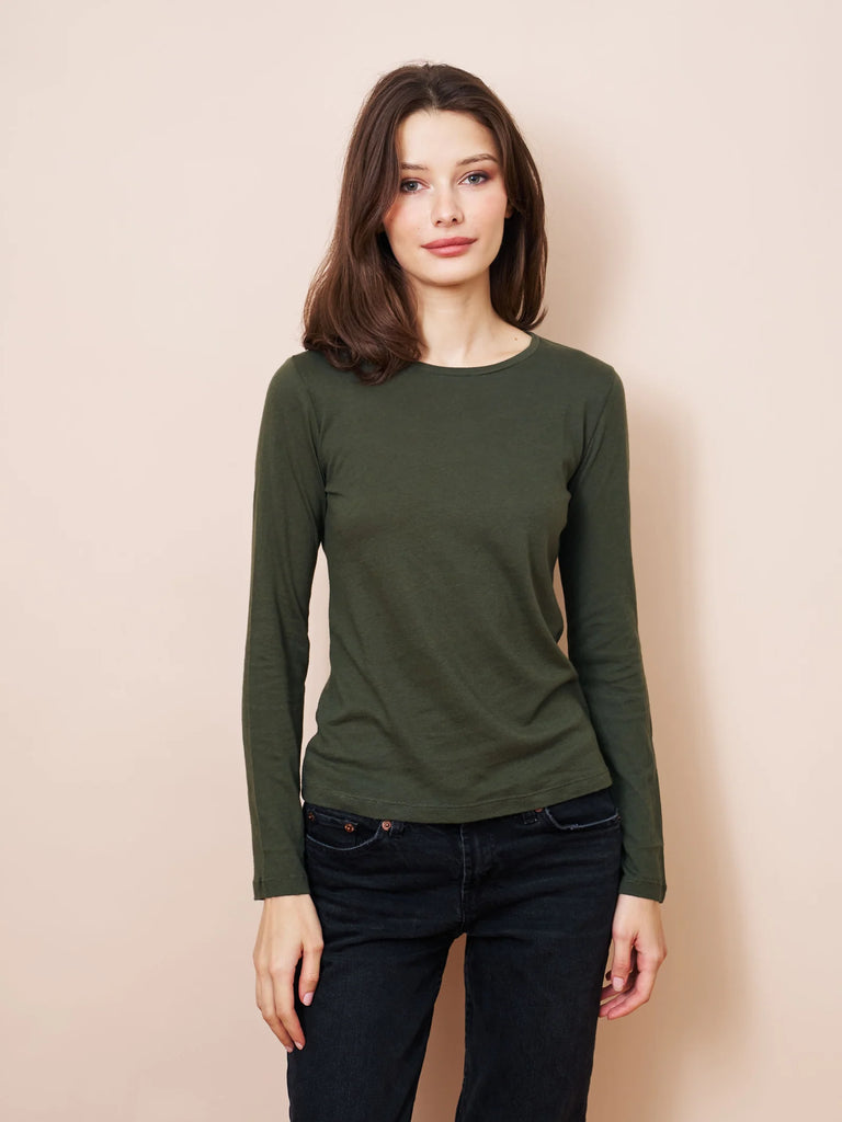 Cashmere/Cotton Rolled Edge L/S Crew in Forest