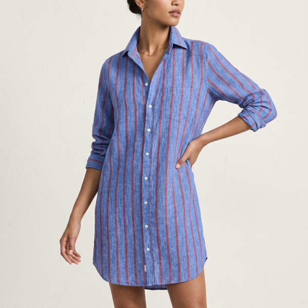 MARY Linen Shirt Dress in Blue & Red Textured Stripe