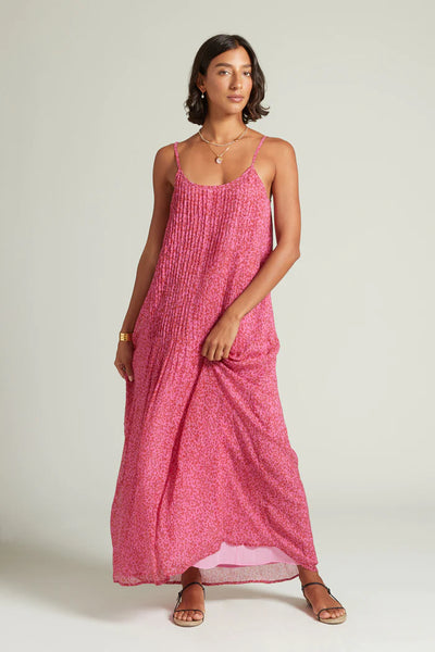 Silk Pin Tuck Maxi Dress in Fuchsia Pink