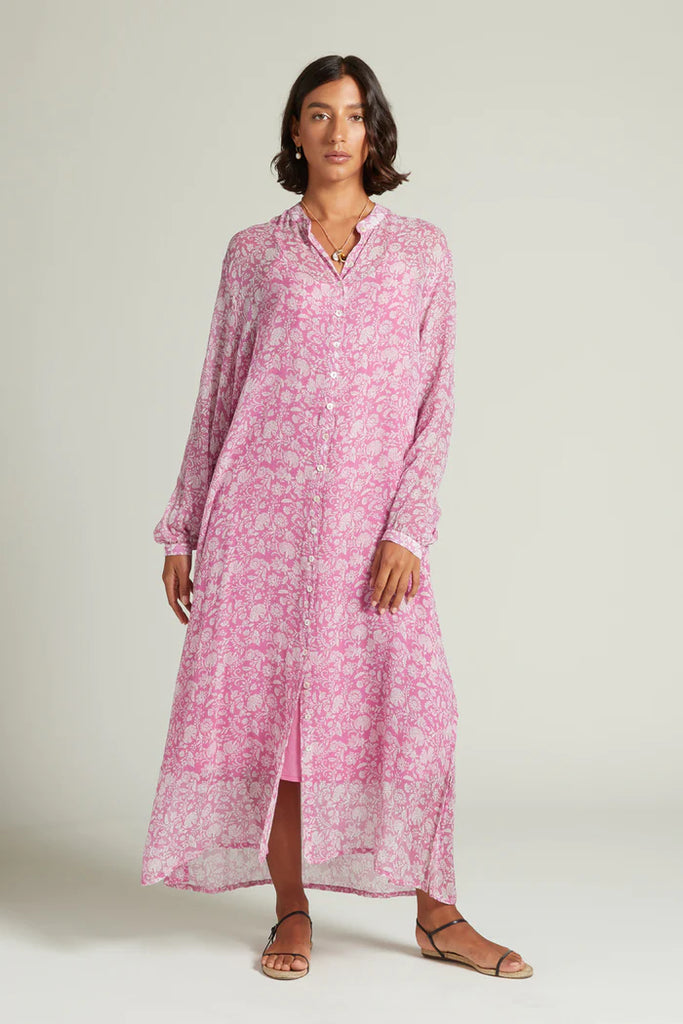 Silk Long Sleeve Button Down Maxi Dress in Mulberry