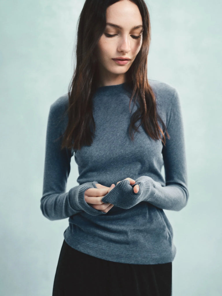 Cashmere/Cotton Easy Cuffed Crew in Steel Blue
