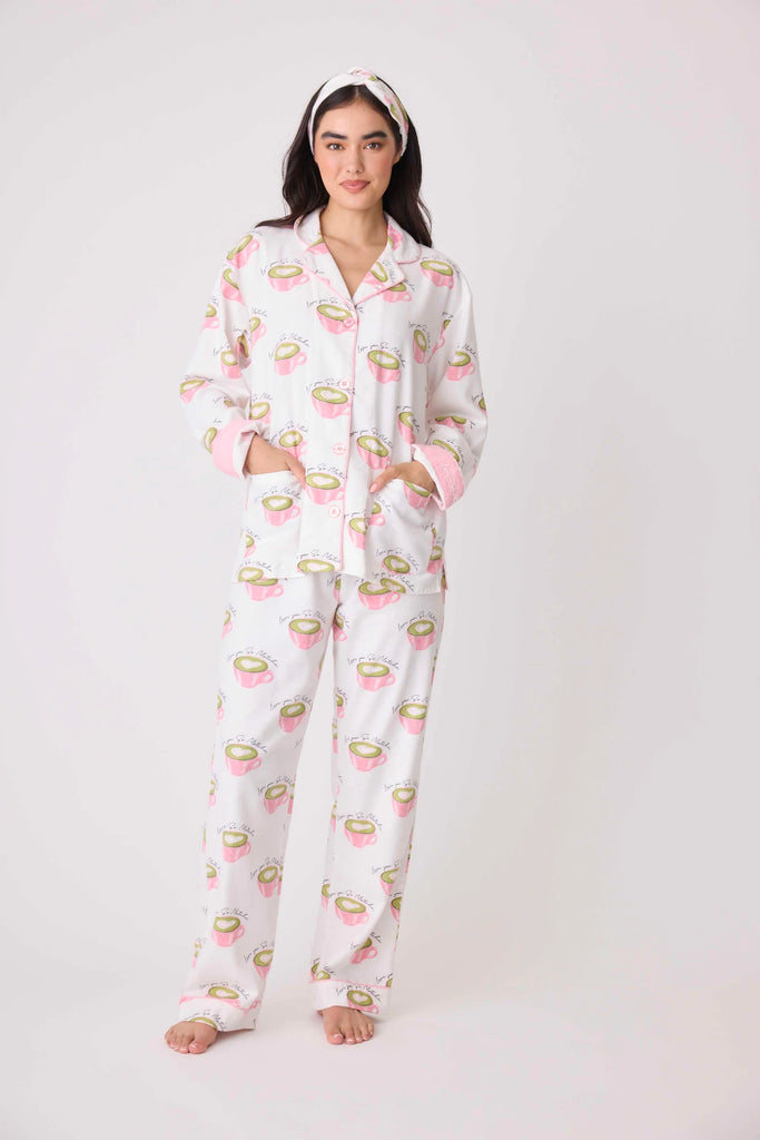 Flannel Long PJ Set w/ Headband in Love You So Matcha