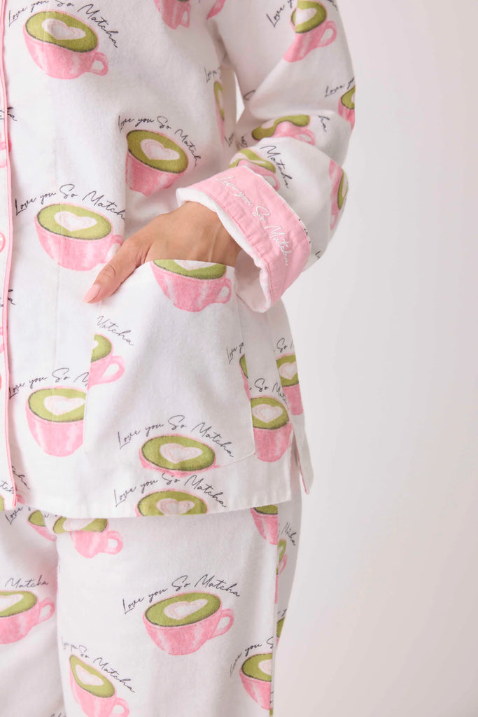 Flannel Long PJ Set w/ Headband in Love You So Matcha