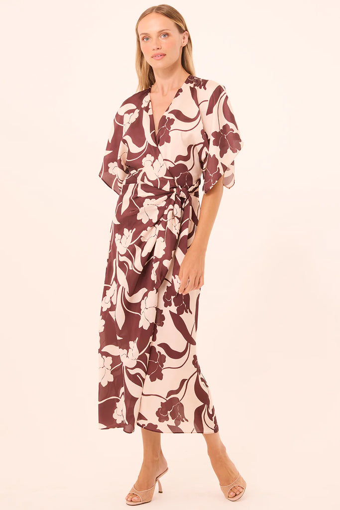 HADASSA Satin Wrap Dress in Chocolate Flora Mix