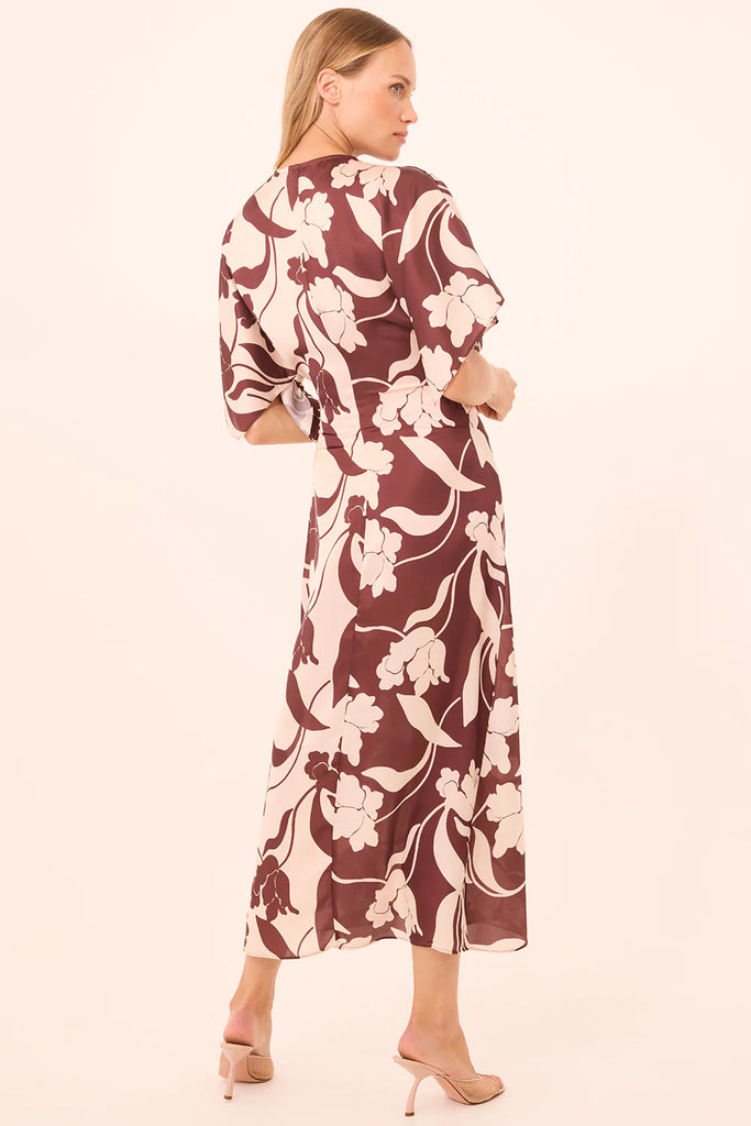 HADASSA Satin Wrap Dress in Chocolate Flora Mix