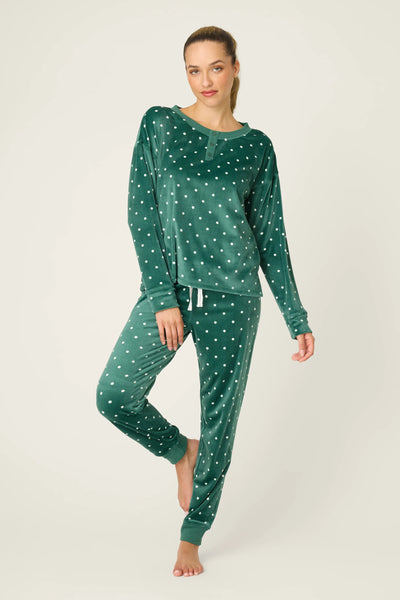 GET TOASTY Velour Dot Print Long PJ Set in Dark Forest