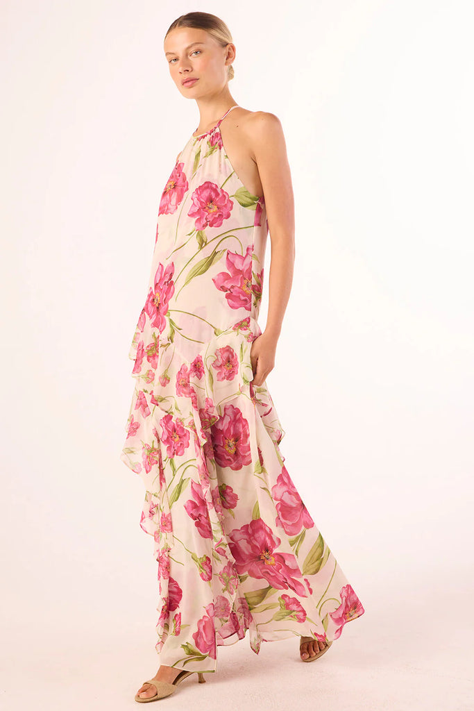 NOVAH Ruffle Maxi Chiffon Dress in Fuchsia Blooms