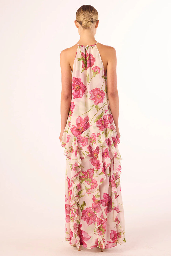 NOVAH Ruffle Maxi Chiffon Dress in Fuchsia Blooms
