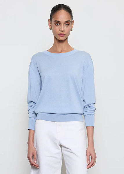 Silk/Cotton Long Sleeve Crew Top in Pale Blue