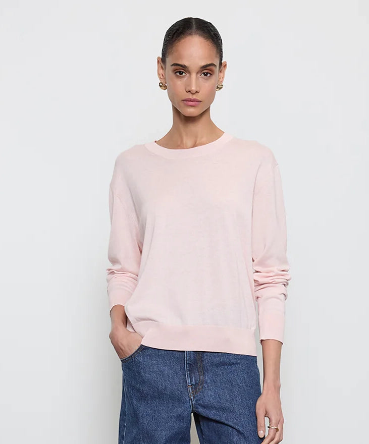 Silk/Cotton Long Sleeve Crew Top in Pale Pink