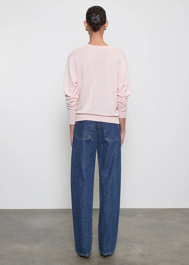 Silk/Cotton Long Sleeve Crew Top in Pale Pink