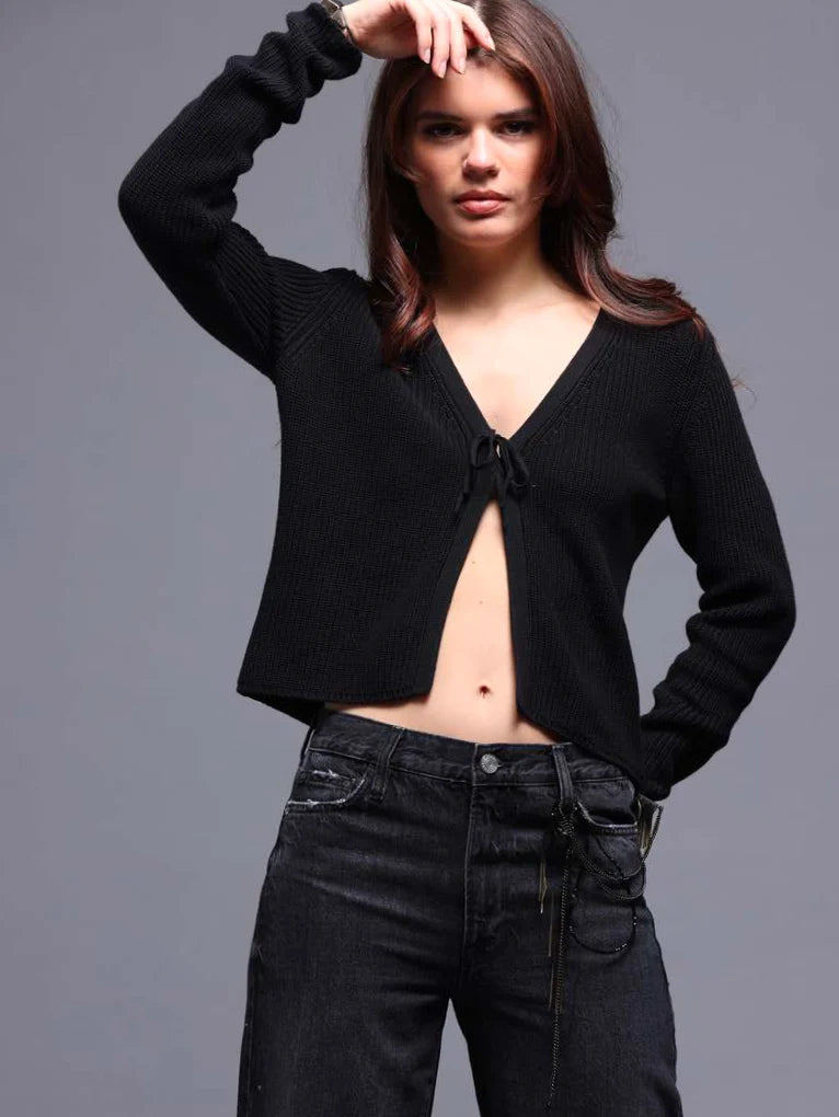 Cotton Shaker Stitch Tie-Front Cardigan in Black