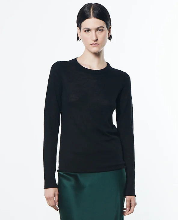 Wool/Cashmere Tissue Bold Long Sleeve Crew in Black