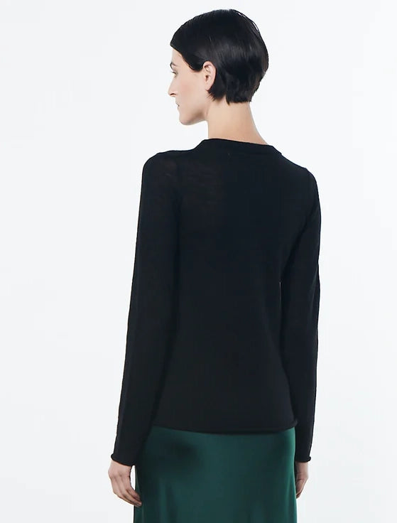 Wool/Cashmere Tissue Bold Long Sleeve Crew in Black