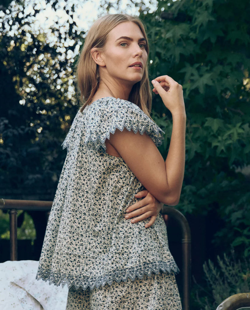 Flutter Sleeve Eyelet Top in Bluebell Ditsy