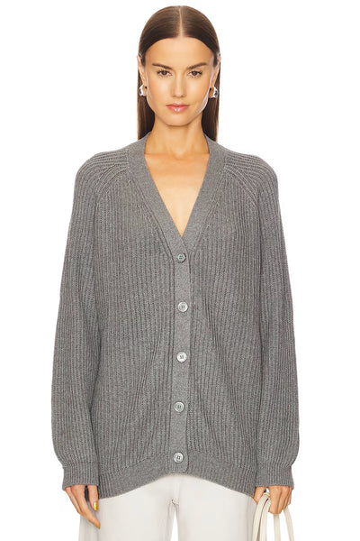 AMARA Cashmere/Cotton Grandpa Cardigan in Heather Grey