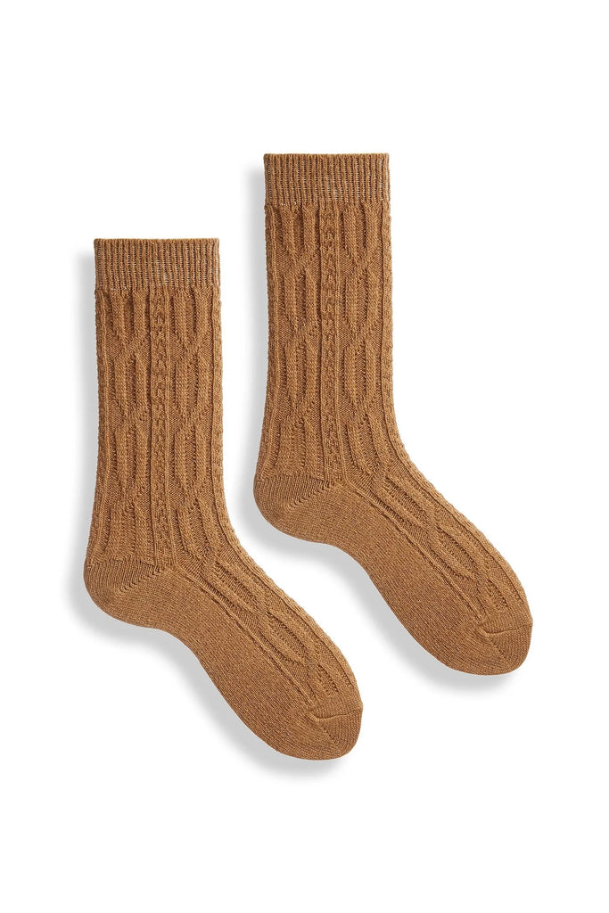 CABLE Wool/Cashmere Crew Socks in Camel
