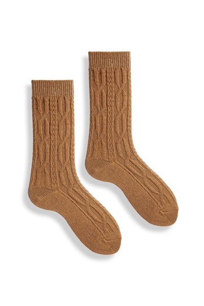 CABLE Wool/Cashmere Crew Socks in Camel