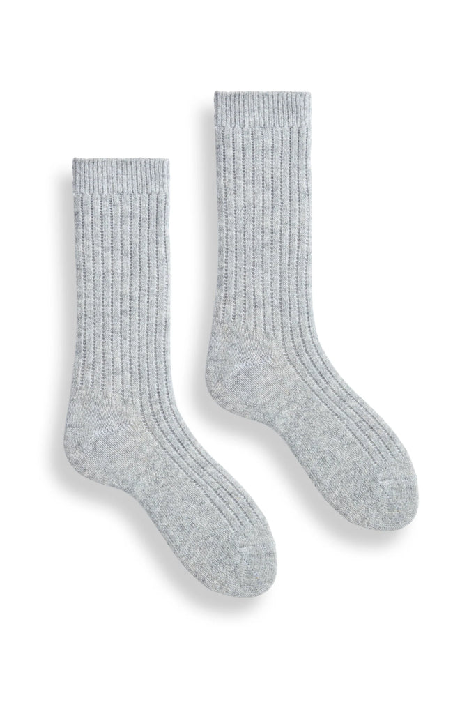 SOLID Ribbed Wool/Cashmere Crew Socks in Light Grey Heather