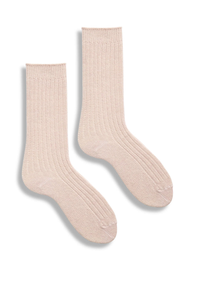 SOLID Ribbed Wool/Cashmere Crew Socks in Pale Pink
